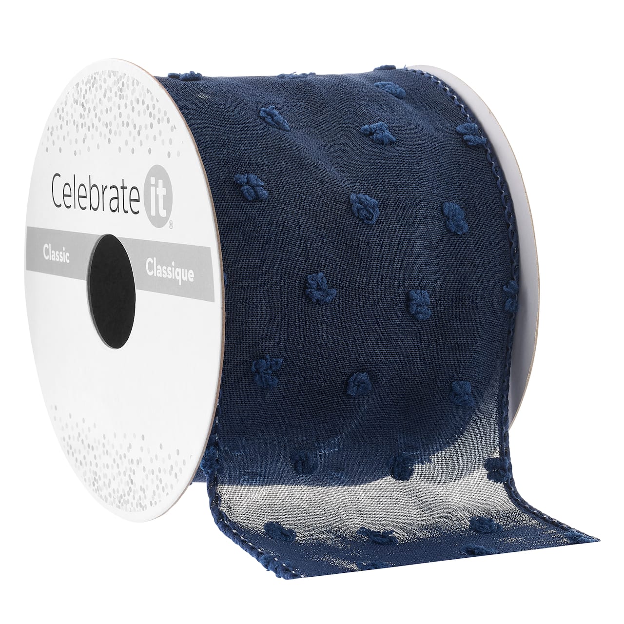 2.5" x 3yd. Wired Navy Pom Pom Dotted Crinkle Chiffon Ribbon by Celebrate It®